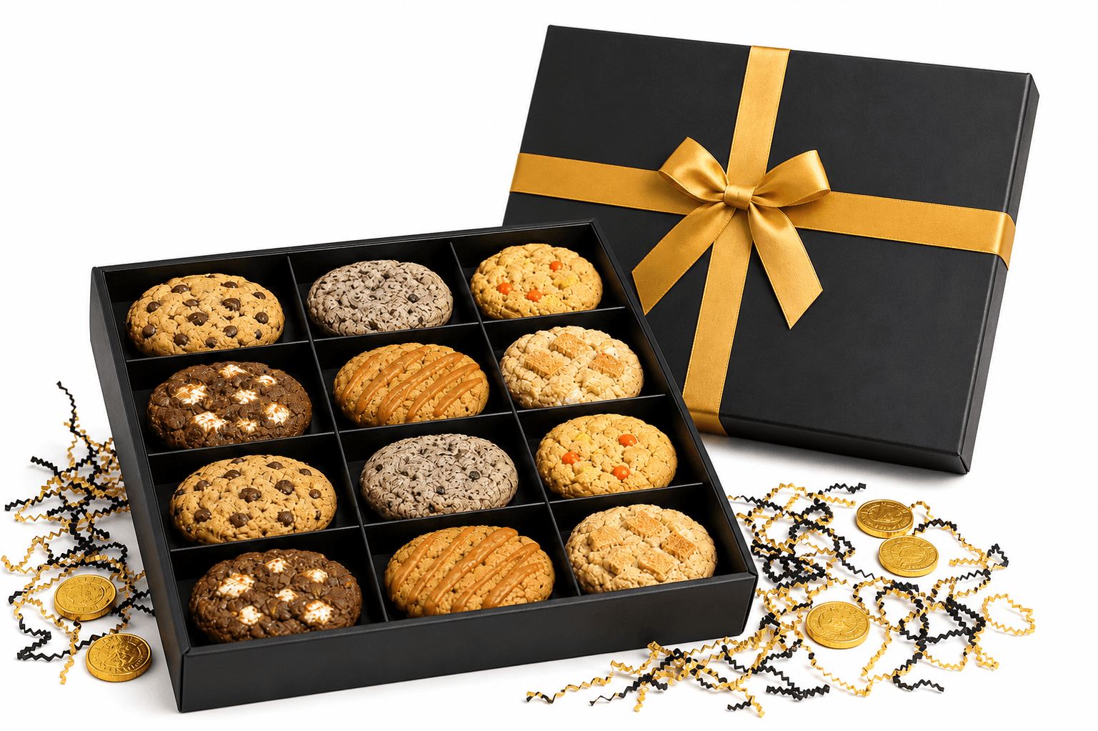 Open black Treasure Cookie Co. gift box with individually wrapped cookies and gold ribbon
