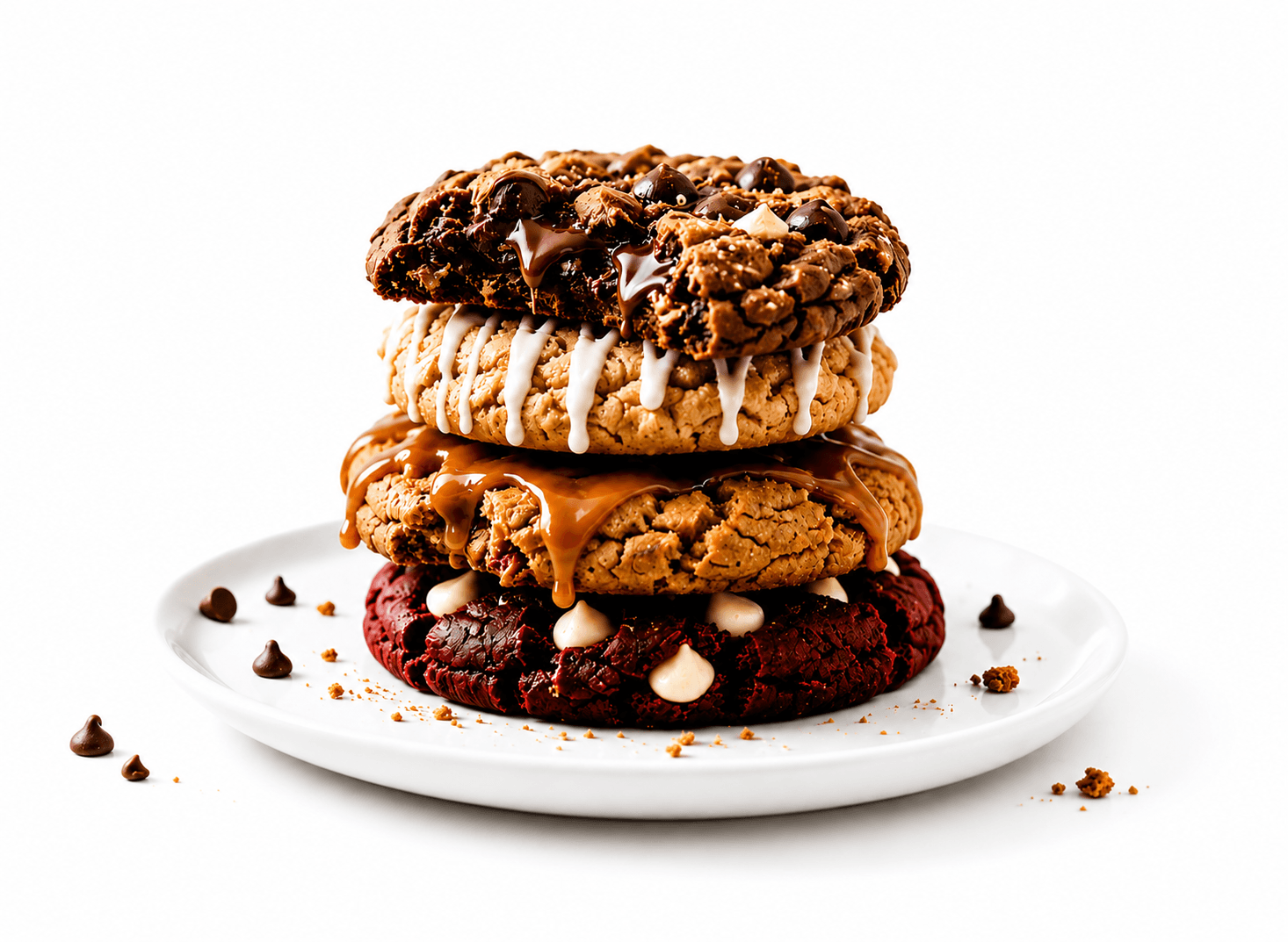 Stack of gourmet cookies on a white plate