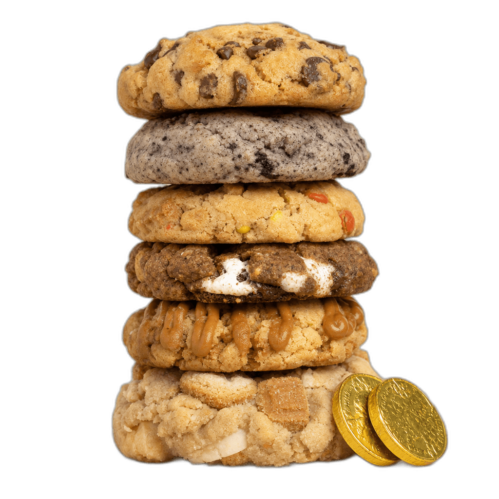 A stack of Treasure Cookie Co. cookies with gold coins